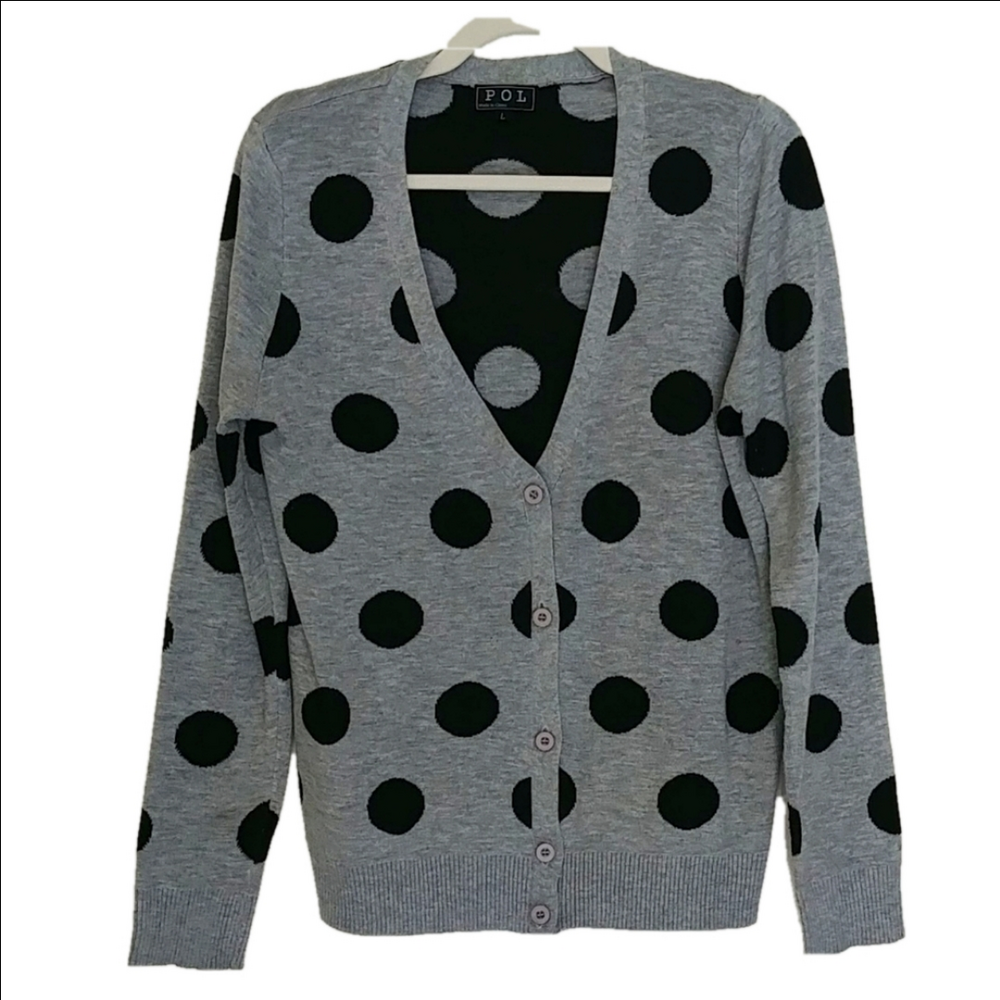 Polka Dot Cardigan Sweater Women's Size L Gray & Black‎ Lightweight Buttons
